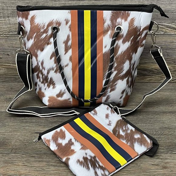 Cow Print Neoprene Tote with Yellow & Rust Stripes - Picture 1 of 3